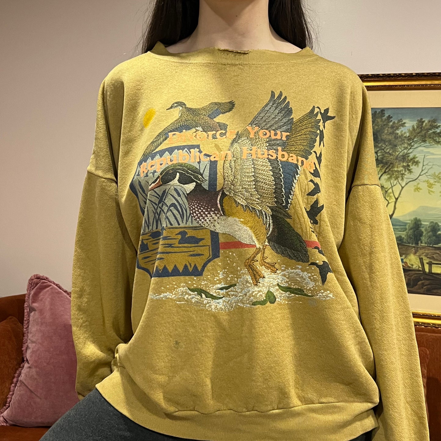 DIVORCE YOUR REPUBLICAN HUSBAND duck crewneck with orange text (2XL)