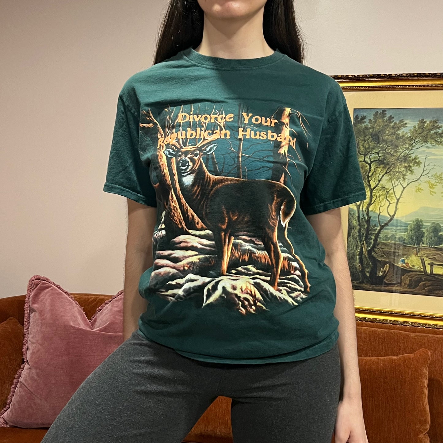 DIVORCE YOUR REPUBLICAN HUSBAND deer t-shirt with orange text (M)