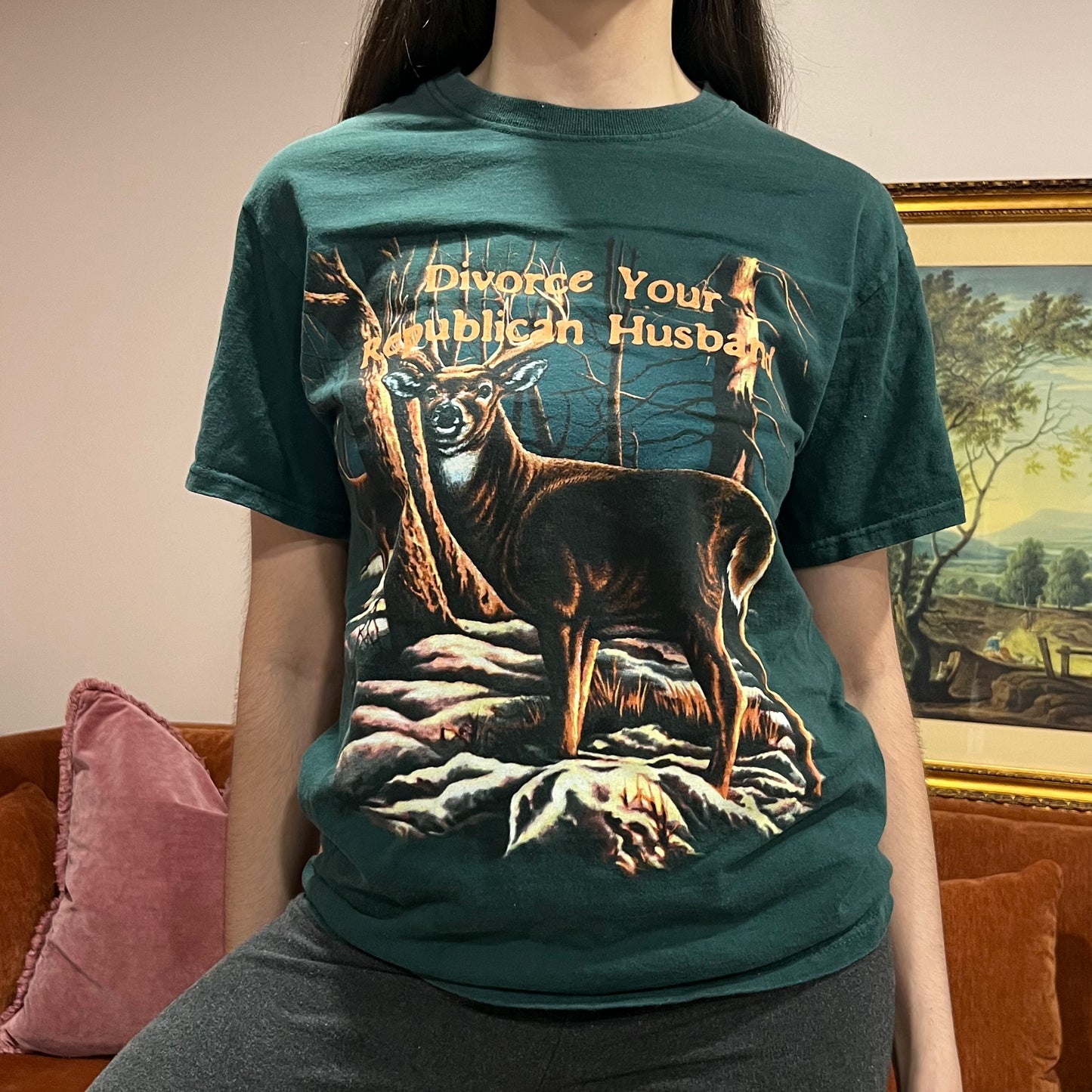 DIVORCE YOUR REPUBLICAN HUSBAND deer t-shirt with orange text (M)