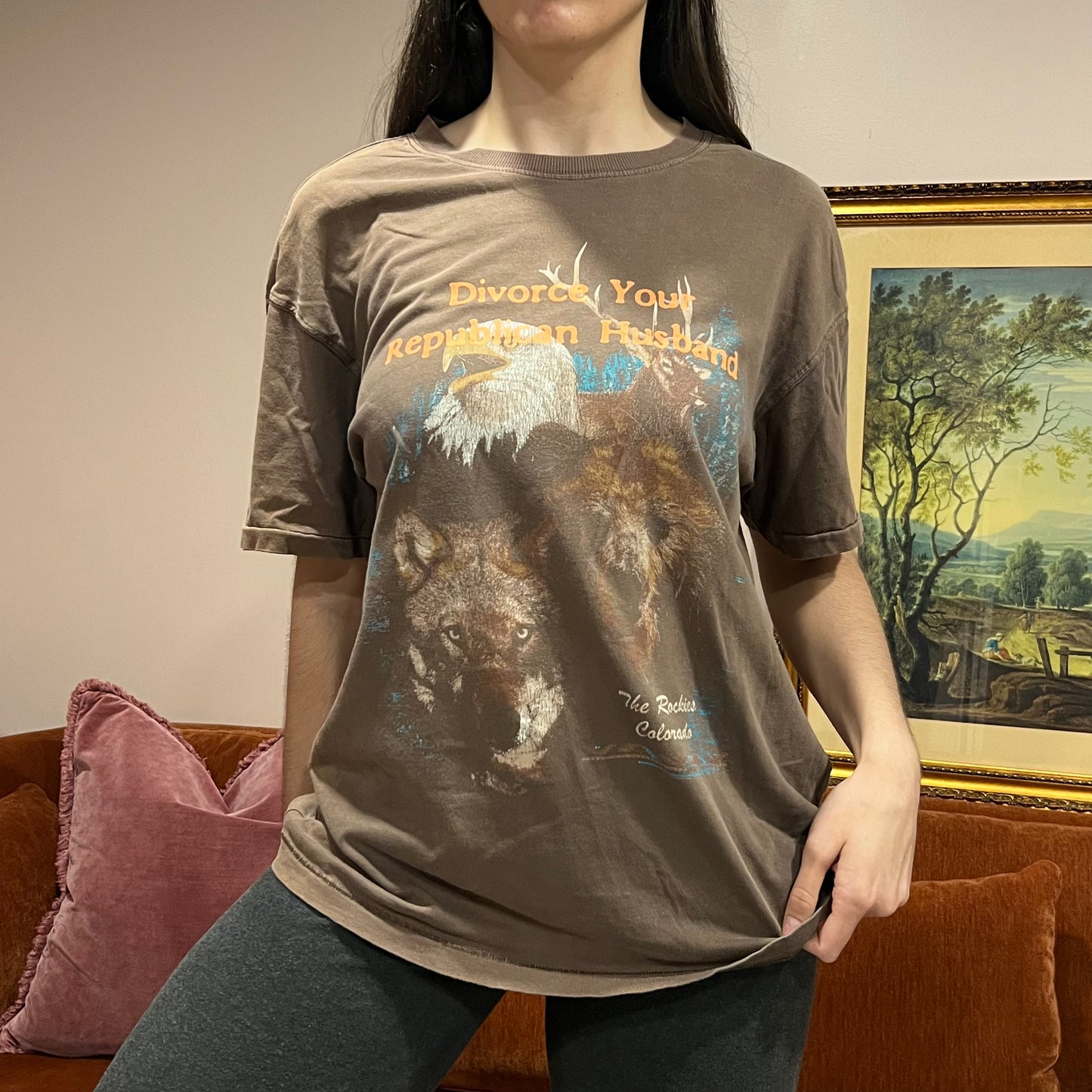 DIVORCE YOUR REPUBLICAN HUSBAND animal t-shirt with orange text (L/XL)