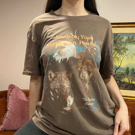DIVORCE YOUR REPUBLICAN HUSBAND animal t-shirt with orange text (L/XL)