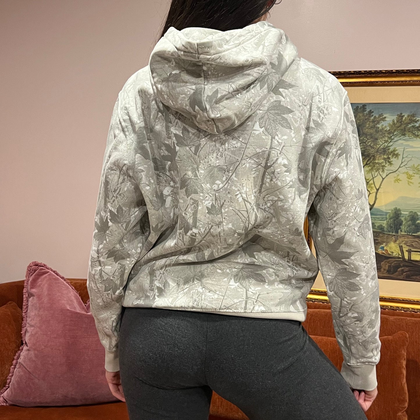 DIVORCE YOUR REPUBLICAN HUSBAND white camo hoodie with orange text (S)