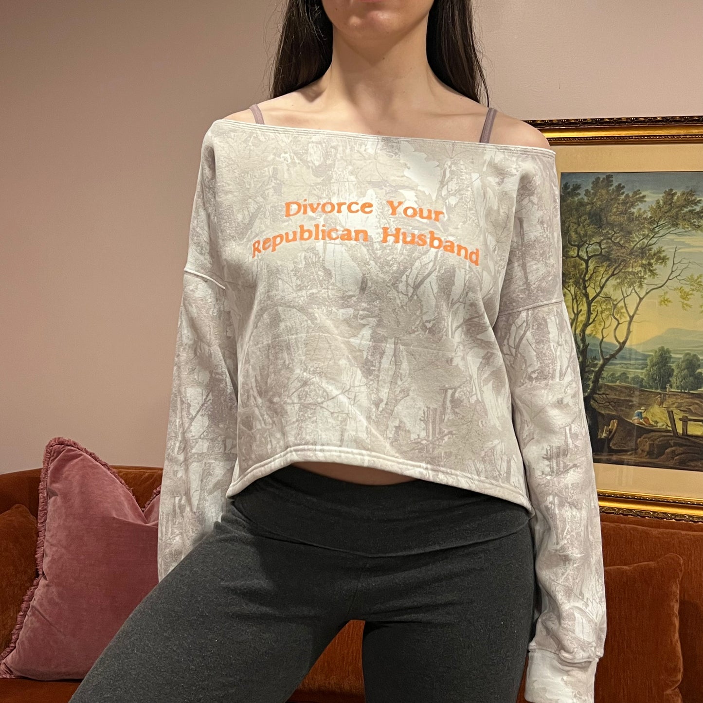 DIVORCE YOUR REPUBLICAN HUSBAND white camo crewneck with orange text (S)