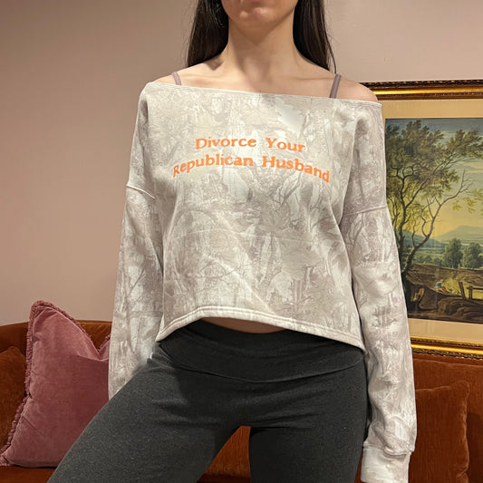 DIVORCE YOUR REPUBLICAN HUSBAND white camo crewneck with orange text (S)