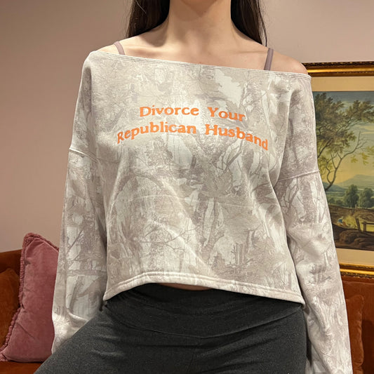 DIVORCE YOUR REPUBLICAN HUSBAND white camo crewneck with orange text (S)