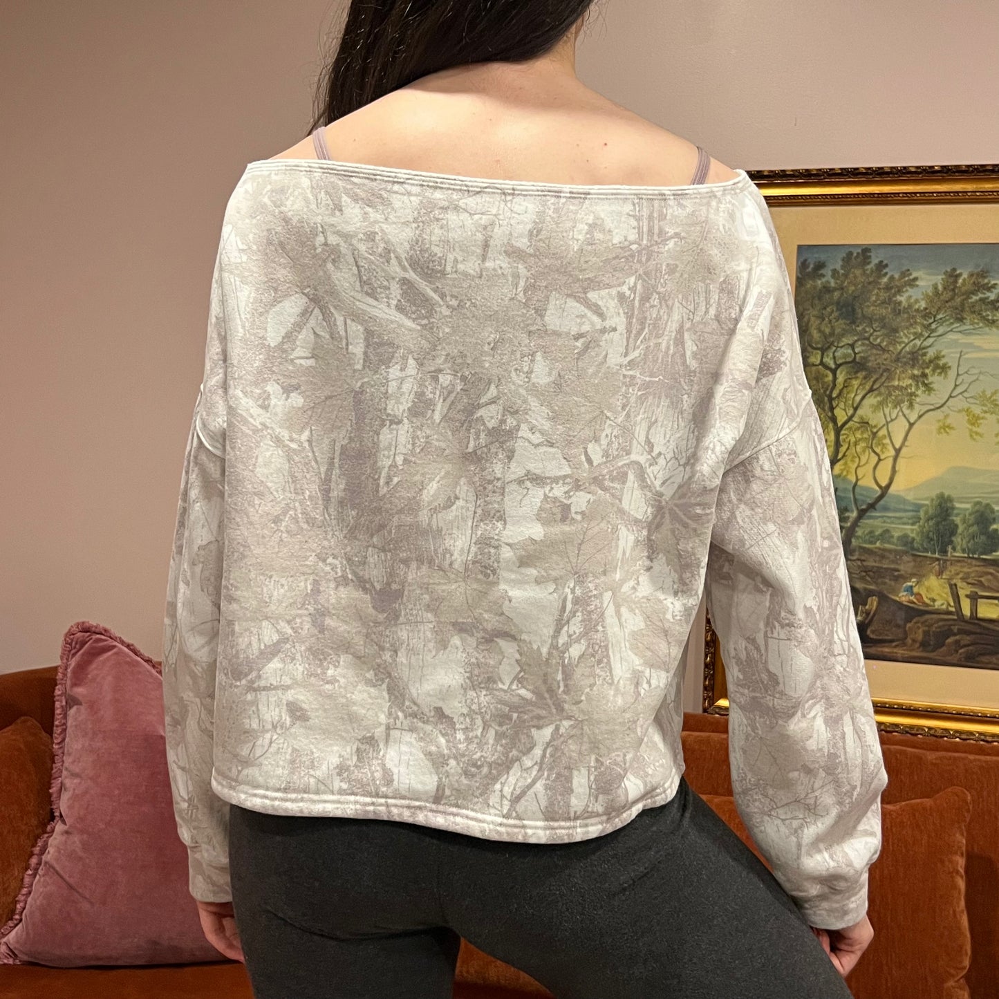 DIVORCE YOUR REPUBLICAN HUSBAND white camo crewneck with orange text (S)