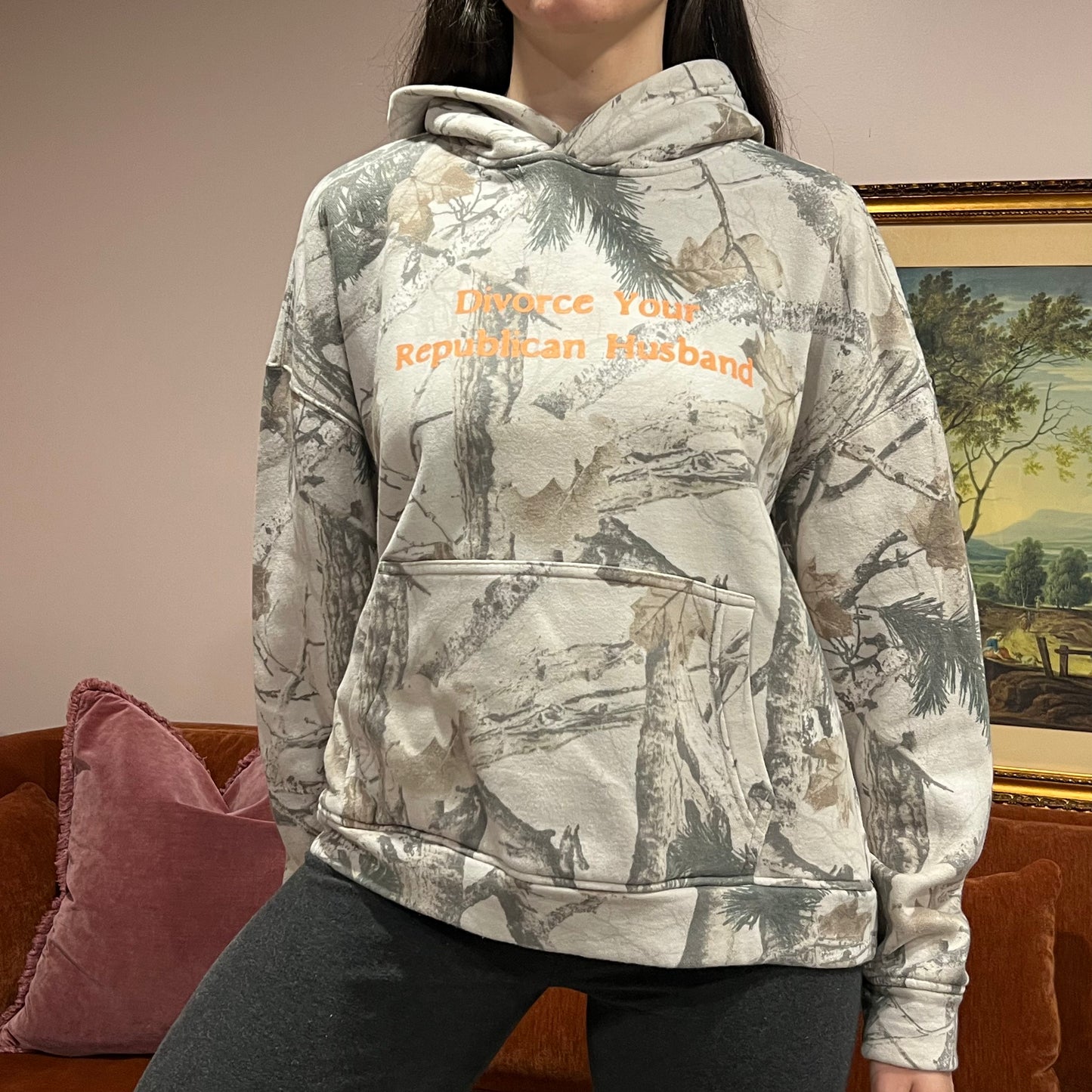 DIVORCE YOUR REPUBLICAN HUSBAND white camo hoodie with orange text (M)
