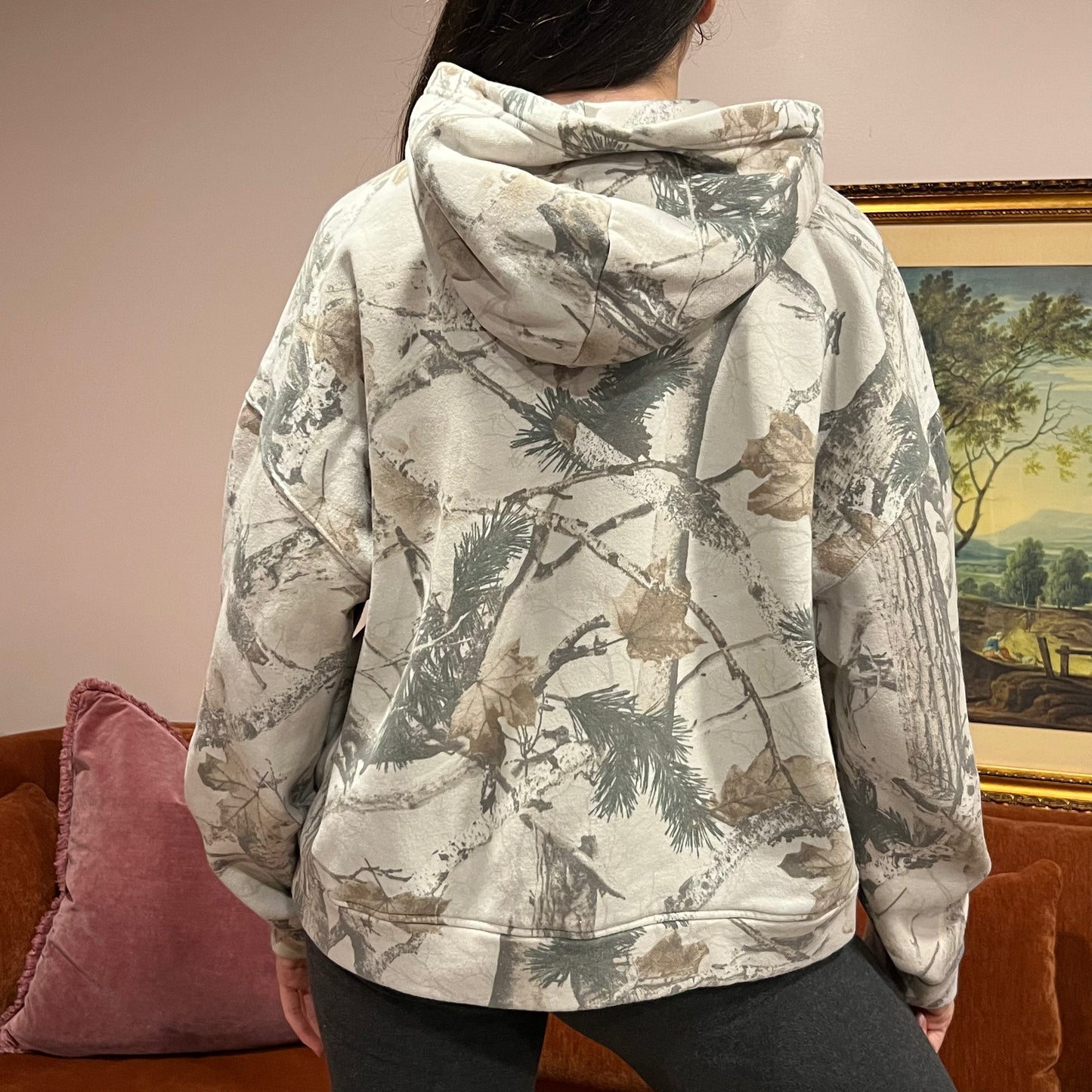 DIVORCE YOUR REPUBLICAN HUSBAND white camo hoodie with orange text (M)