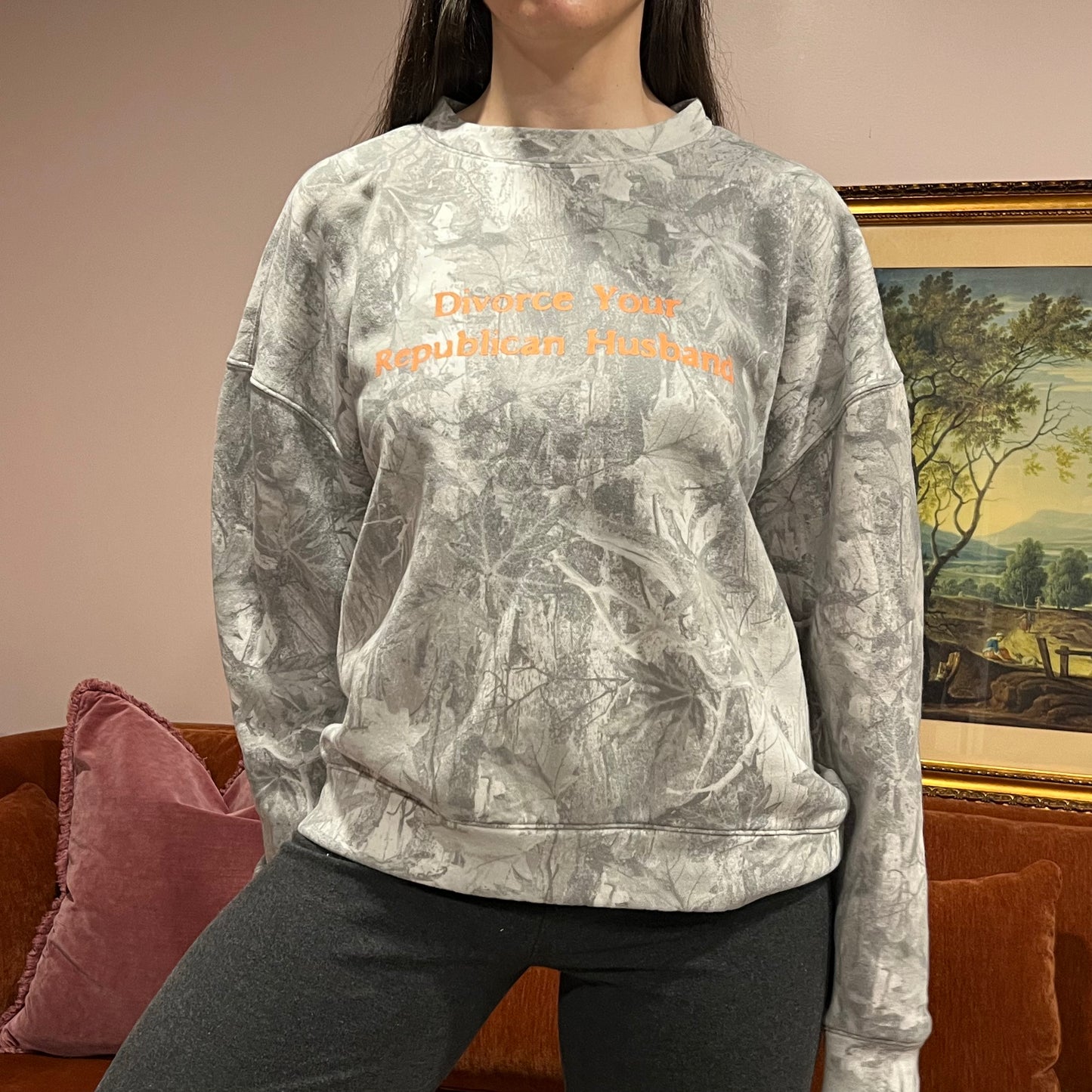 DIVORCE YOUR REPUBLICAN HUSBAND white camo crewneck with orange text (M)