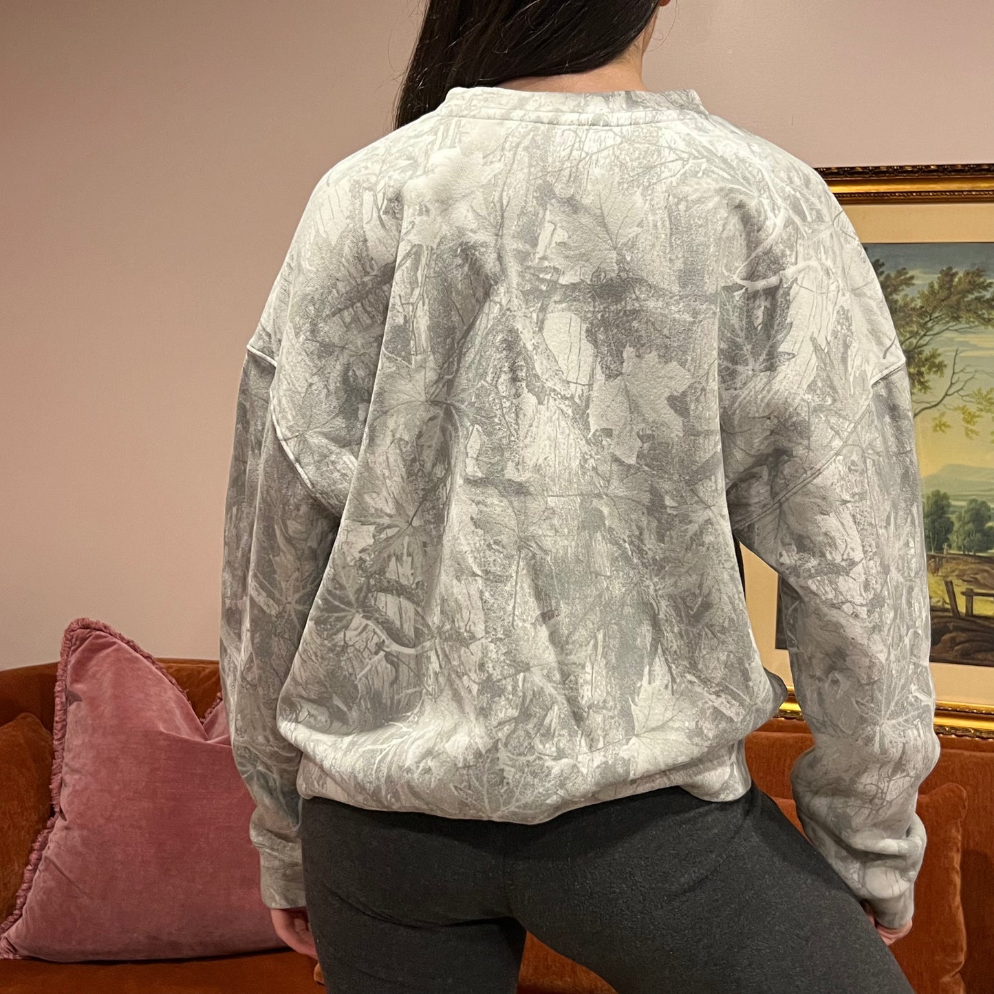 DIVORCE YOUR REPUBLICAN HUSBAND white camo crewneck with orange text (M)
