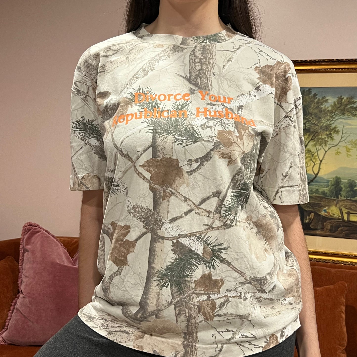 DIVORCE YOUR REPUBLICAN HUSBAND white camo t-shirt with orange text (S)