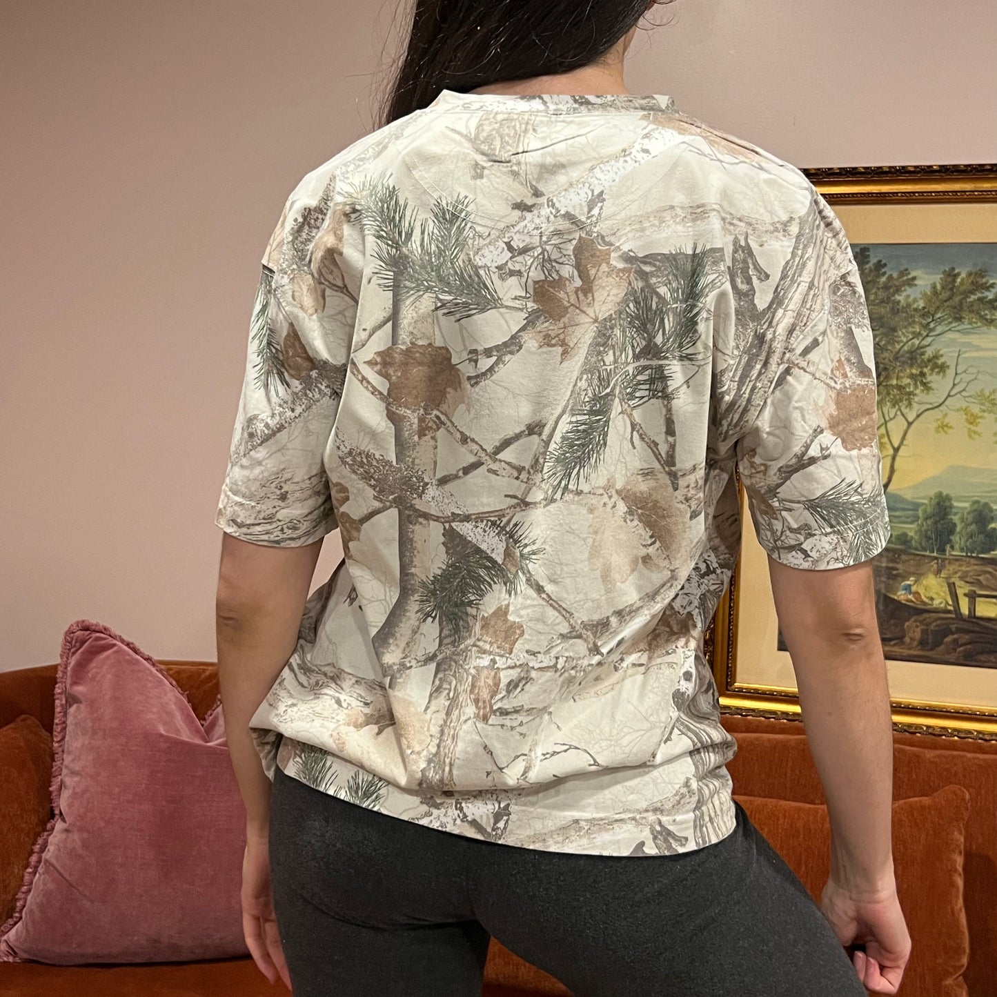 DIVORCE YOUR REPUBLICAN HUSBAND white camo t-shirt with orange text (S)