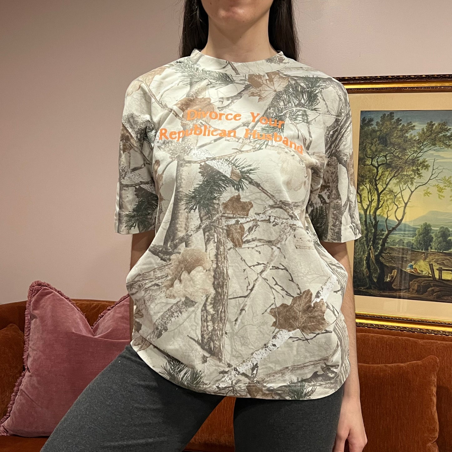 DIVORCE YOUR REPUBLICAN HUSBAND white camo t-shirt with orange text (M)