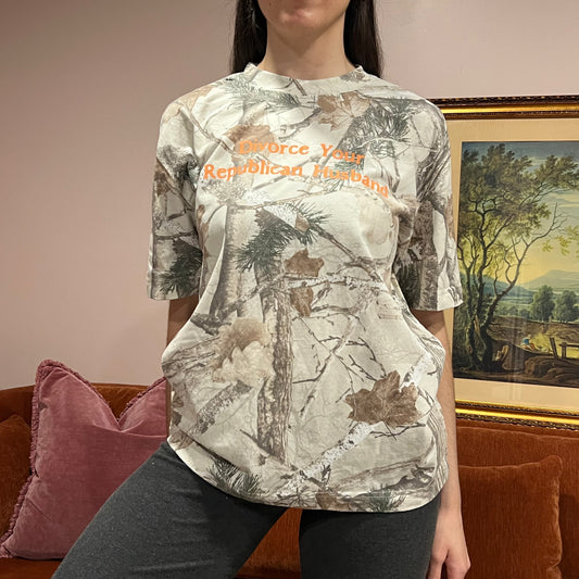 DIVORCE YOUR REPUBLICAN HUSBAND white camo t-shirt with orange text (M)