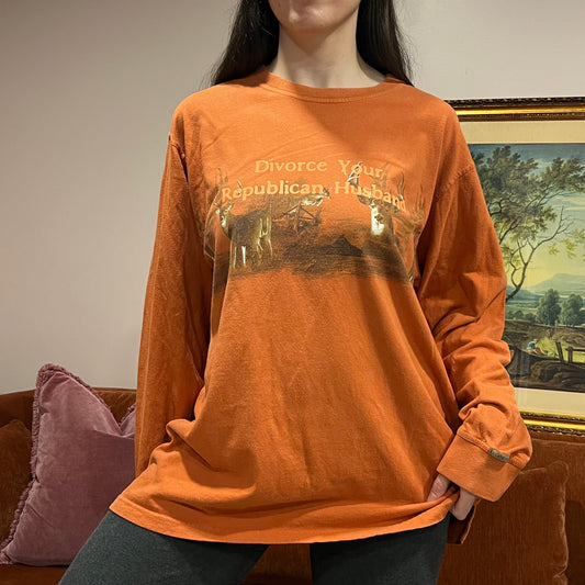 DIVORCE YOUR REPUBLICAN HUSBAND deer t-shirt with orange text (XL)