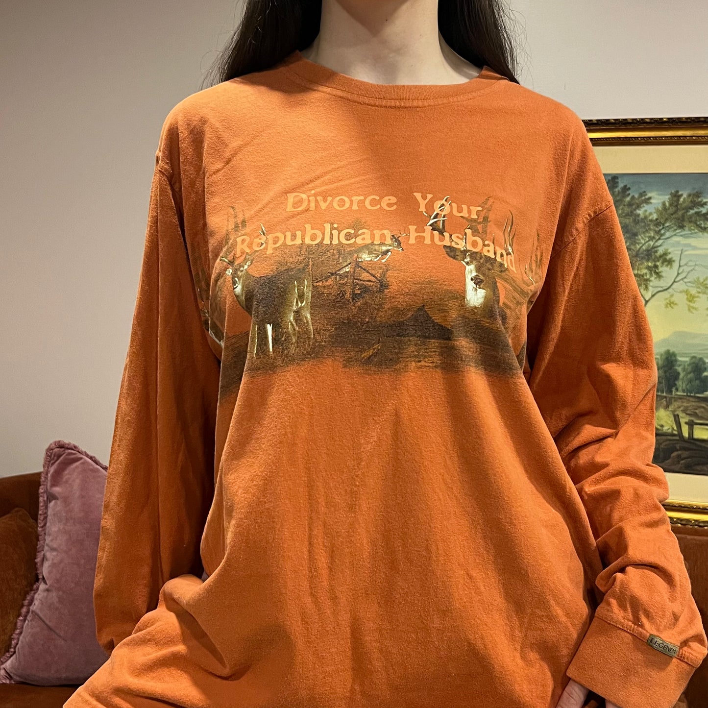 DIVORCE YOUR REPUBLICAN HUSBAND deer t-shirt with orange text (XL)