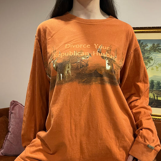 DIVORCE YOUR REPUBLICAN HUSBAND deer t-shirt with orange text (XL)