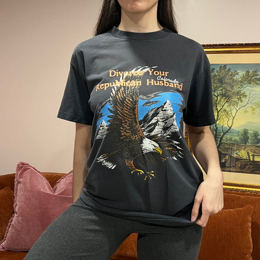 DIVORCE YOUR REPUBLICAN HUSBAND eagle t-shirt with orange text (L/XL)