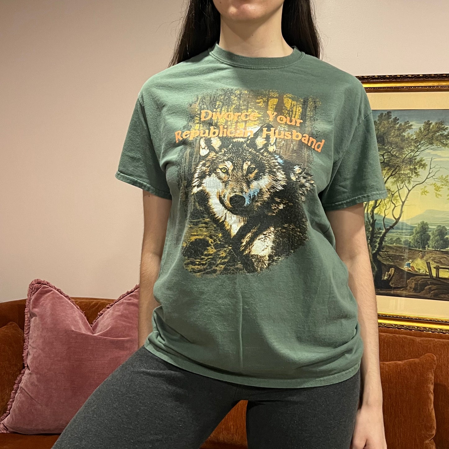 DIVORCE YOUR REPUBLICAN HUSBAND wolf t-shirt with orange text (L)