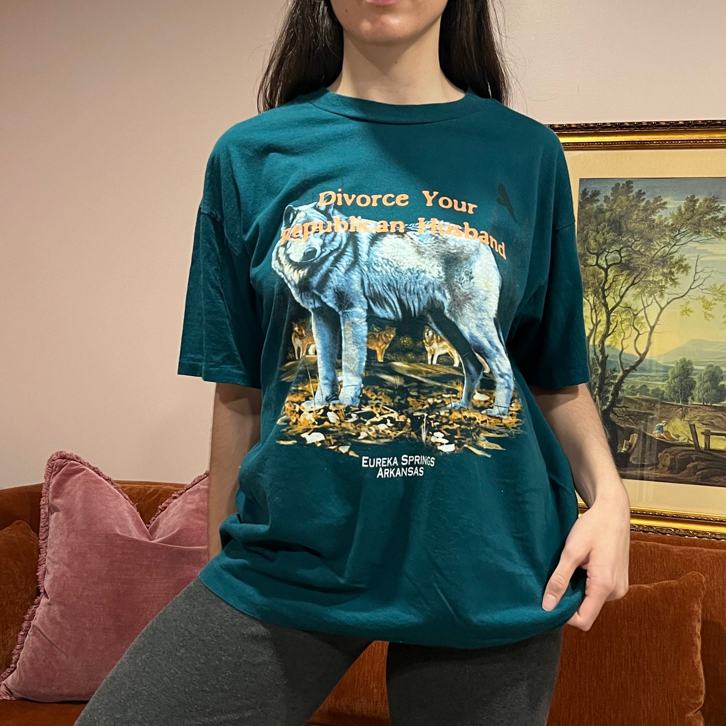 DIVORCE YOUR REPUBLICAN HUSBAND wolf t-shirt with orange text (XL)