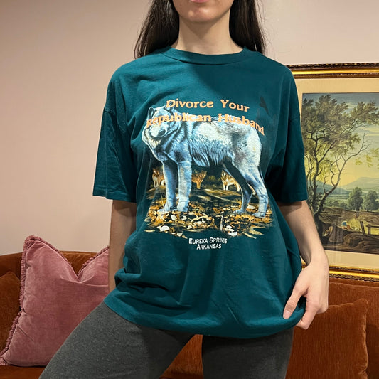 DIVORCE YOUR REPUBLICAN HUSBAND wolf t-shirt with orange text (XL)