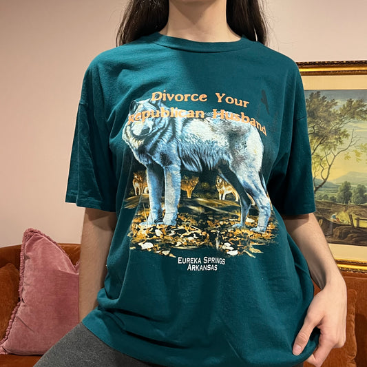 DIVORCE YOUR REPUBLICAN HUSBAND wolf t-shirt with orange text (XL)