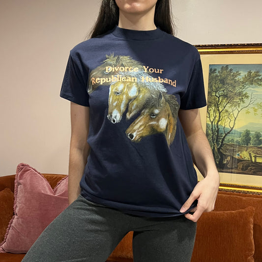DIVORCE YOUR REPUBLICAN HUSBAND horse t-shirt with orange text (M)