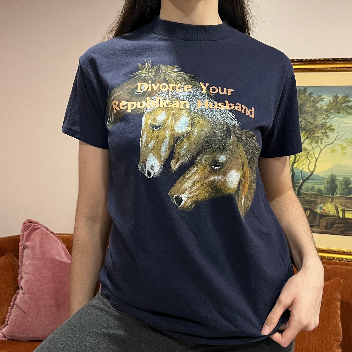DIVORCE YOUR REPUBLICAN HUSBAND horse t-shirt with orange text (M)