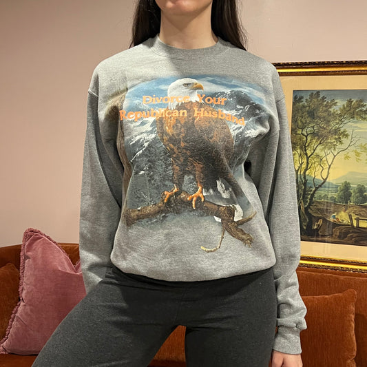 DIVORCE YOUR REPUBLICAN HUSBAND eagle crewneck with orange text (S)