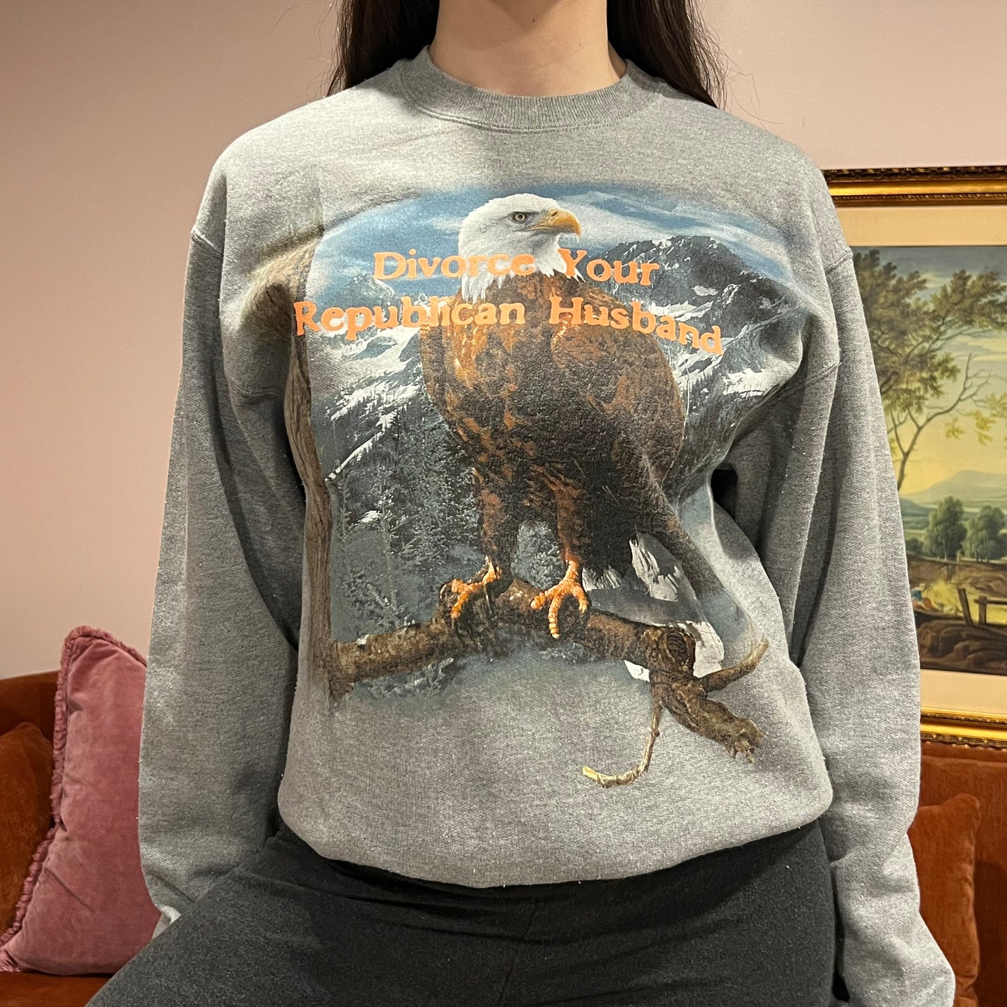 DIVORCE YOUR REPUBLICAN HUSBAND eagle crewneck with orange text (S)