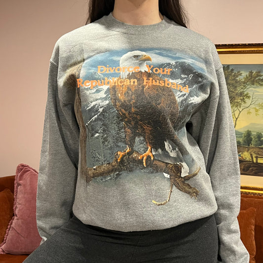 DIVORCE YOUR REPUBLICAN HUSBAND eagle crewneck with orange text (S)