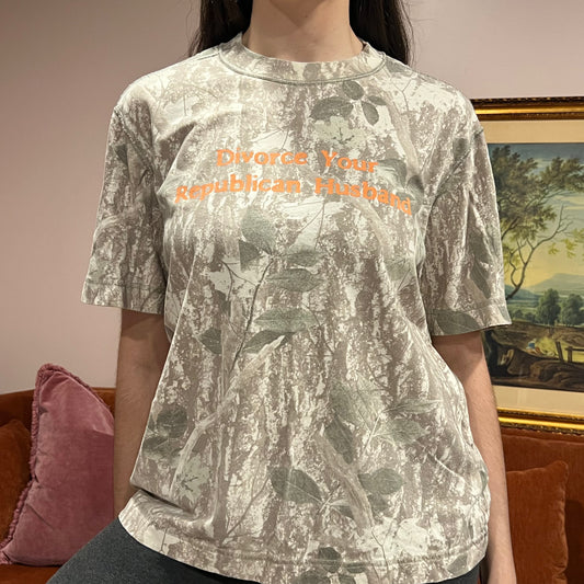 DIVORCE YOUR REPUBLICAN HUSBAND camo t-shirt with orange text (S)
