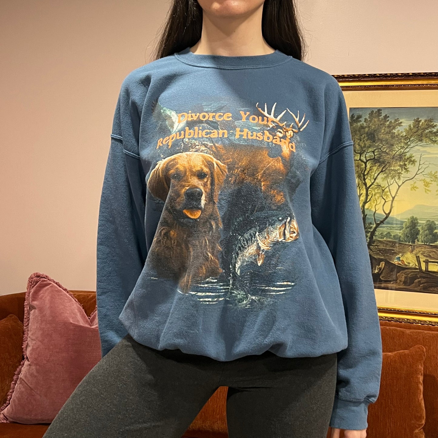 DIVORCE YOUR REPUBLICAN HUSBAND animal crewneck with orange text (L)