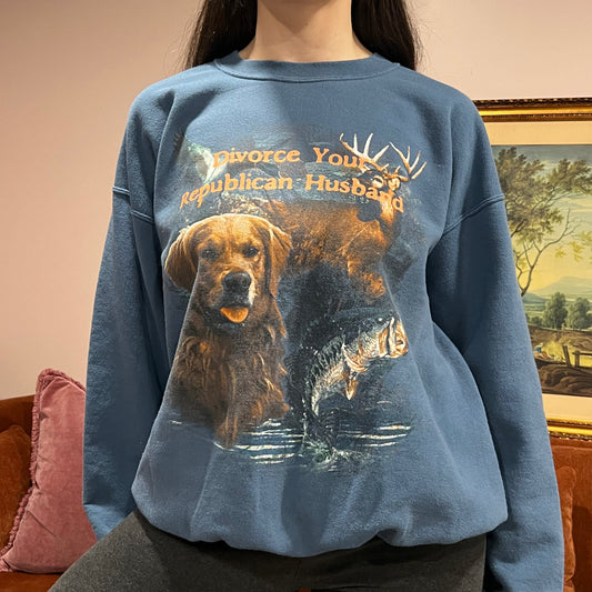 DIVORCE YOUR REPUBLICAN HUSBAND animal crewneck with orange text (L)