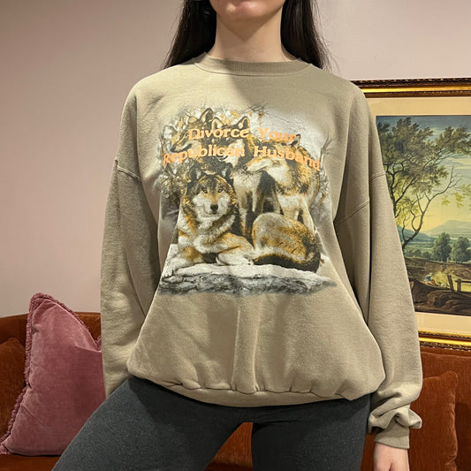 DIVORCE YOUR REPUBLICAN HUSBAND wolf crewneck with orange text (XL)