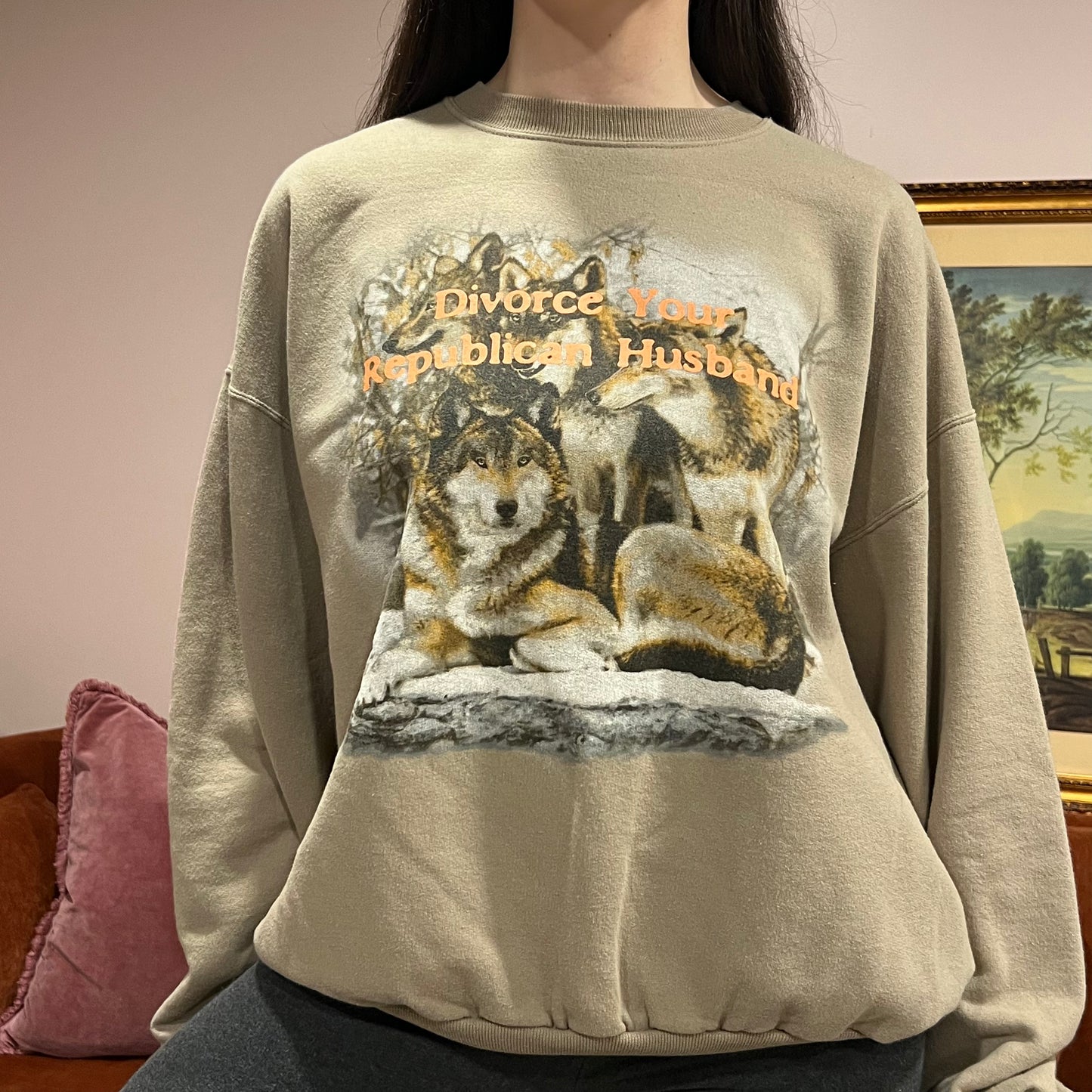 DIVORCE YOUR REPUBLICAN HUSBAND wolf crewneck with orange text (XL)