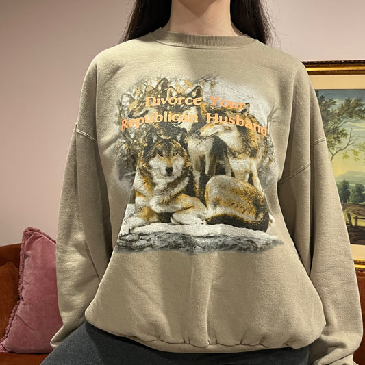 DIVORCE YOUR REPUBLICAN HUSBAND wolf crewneck with orange text (XL)
