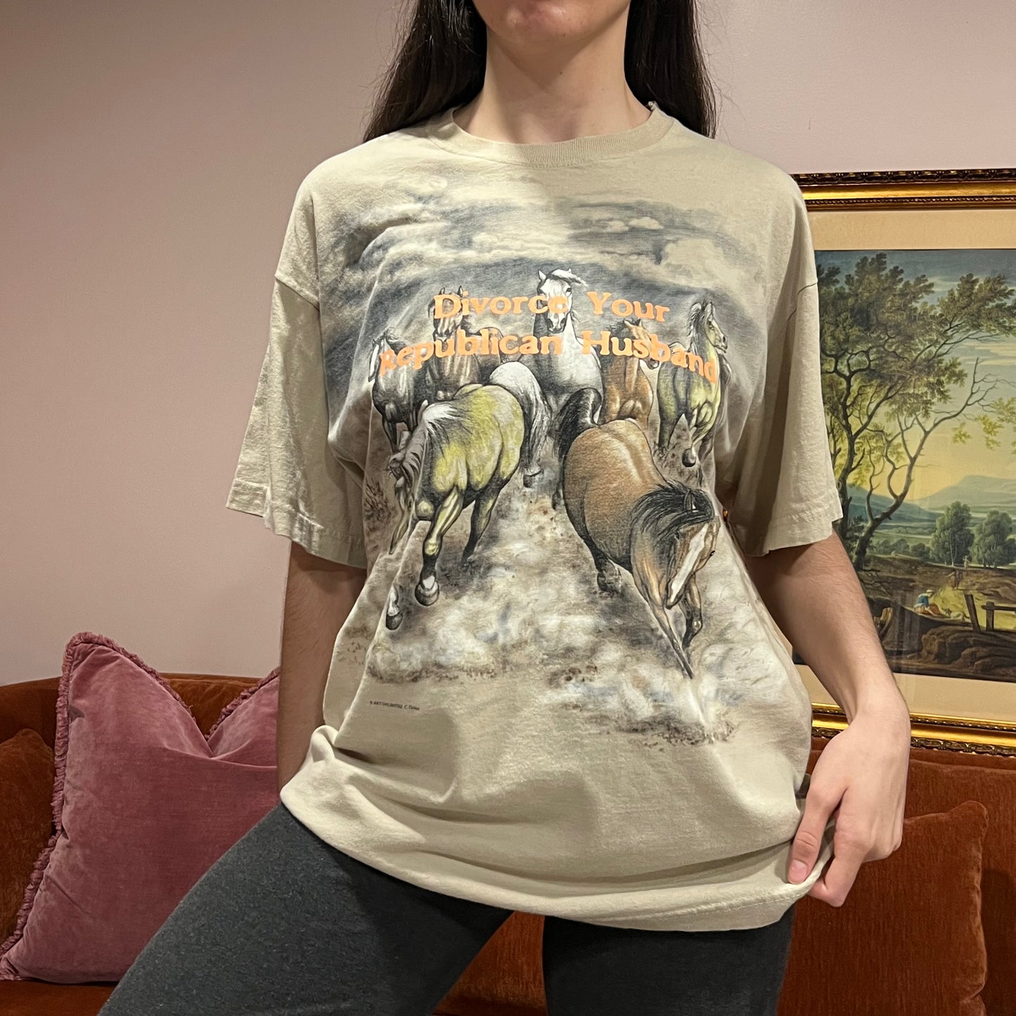 DIVORCE YOUR REPUBLICAN HUSBAND horse t-shirt with orange text (L/XL)