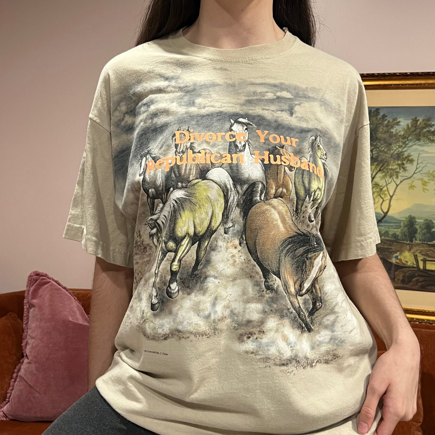 DIVORCE YOUR REPUBLICAN HUSBAND horse t-shirt with orange text (L/XL)