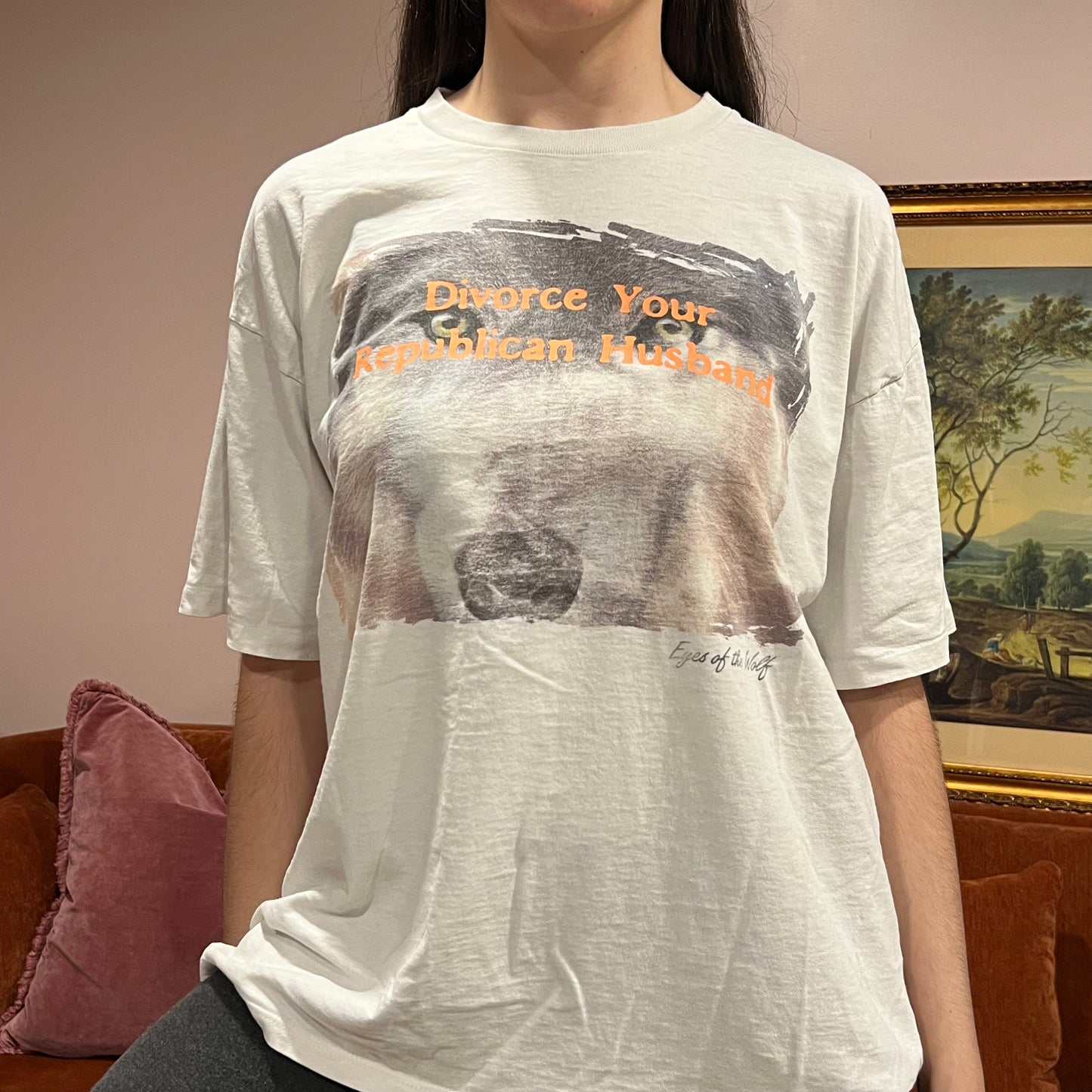 DIVORCE YOUR REPUBLICAN HUSBAND wolf t-shirt with orange text (XL)