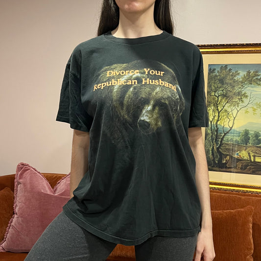 DIVORCE YOUR REPUBLICAN HUSBAND bear t-shirt with orange text (XL)