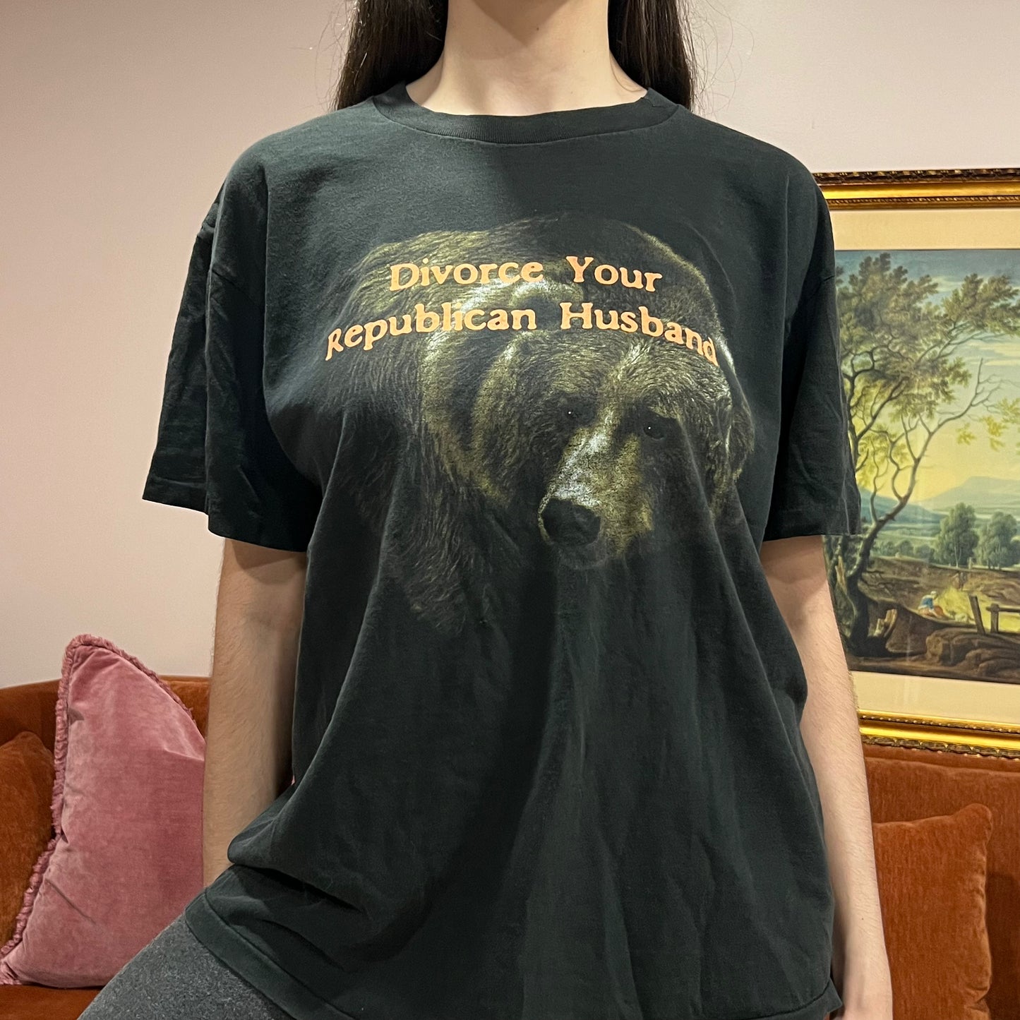 DIVORCE YOUR REPUBLICAN HUSBAND bear t-shirt with orange text (XL)