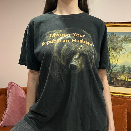 DIVORCE YOUR REPUBLICAN HUSBAND bear t-shirt with orange text (XL)