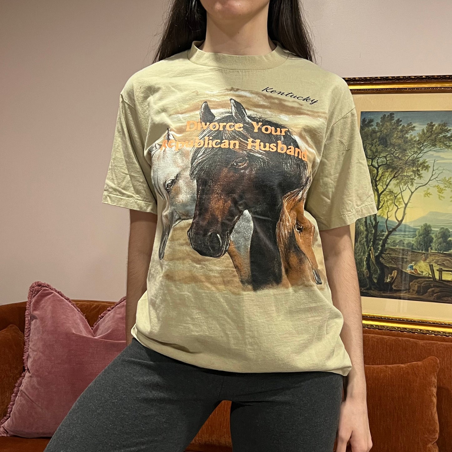 DIVORCE YOUR REPUBLICAN HUSBAND horse t-shirt with orange text (M)