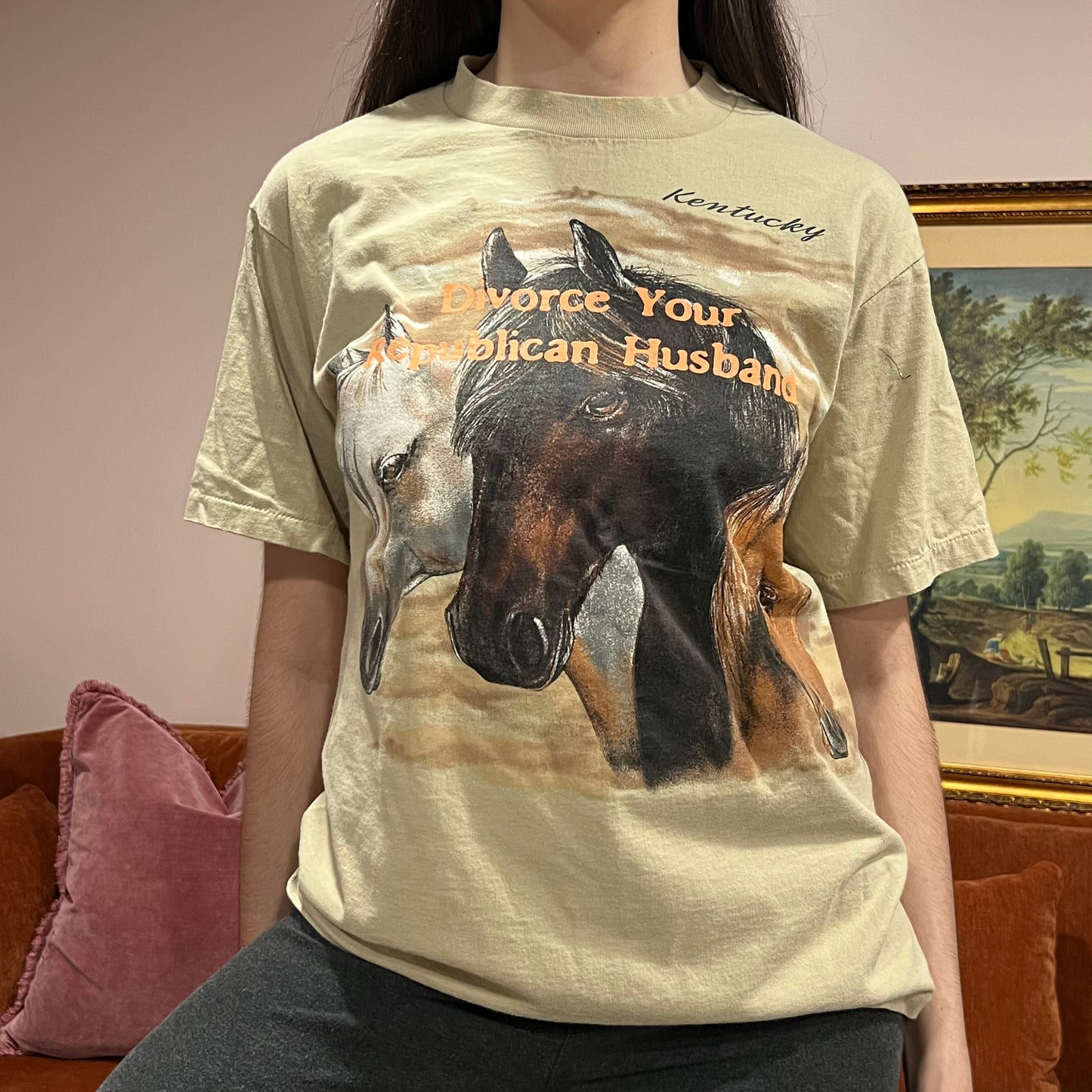 DIVORCE YOUR REPUBLICAN HUSBAND horse t-shirt with orange text (M)