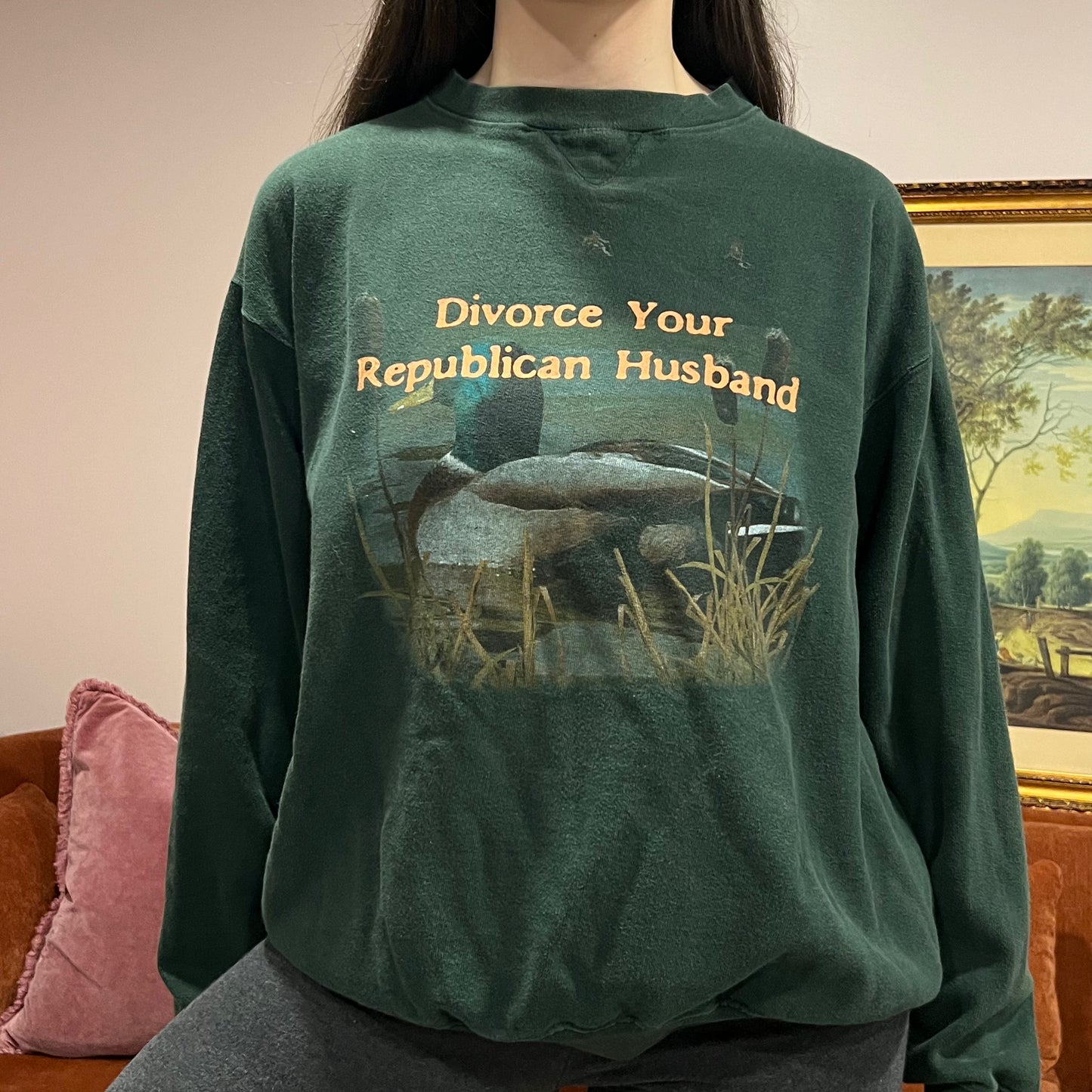 DIVORCE YOUR REPUBLICAN HUSBAND animal crewneck with orange text (XL)