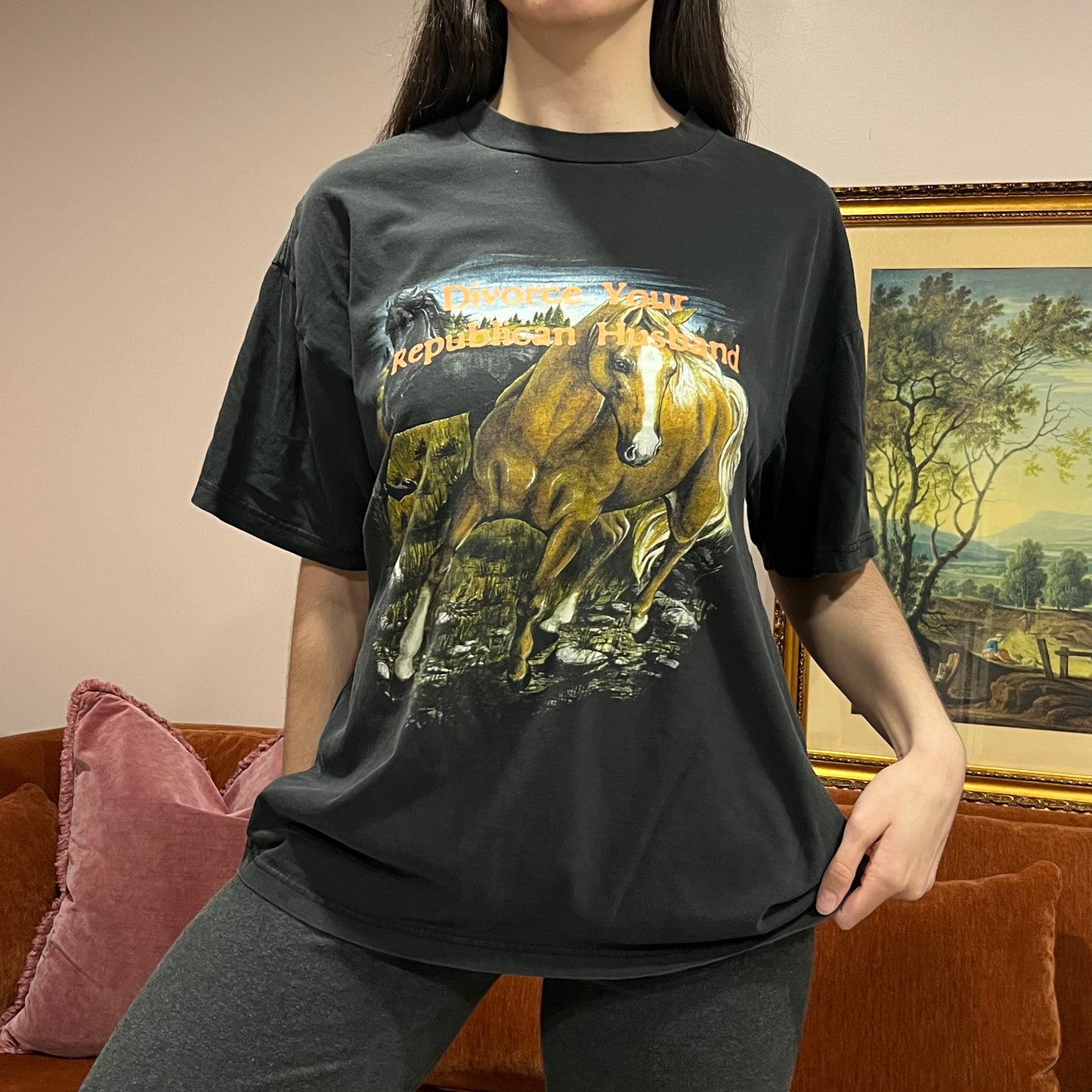 DIVORCE YOUR REPUBLICAN HUSBAND horse t-shirt with orange text (XL)