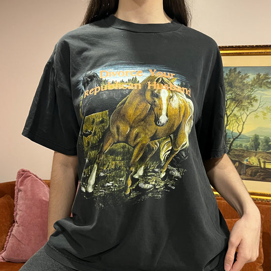 DIVORCE YOUR REPUBLICAN HUSBAND horse t-shirt with orange text (XL)