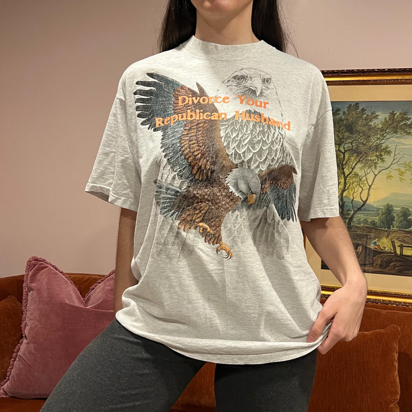 DIVORCE YOUR REPUBLICAN HUSBAND eagle t-shirt with orange text (XL)
