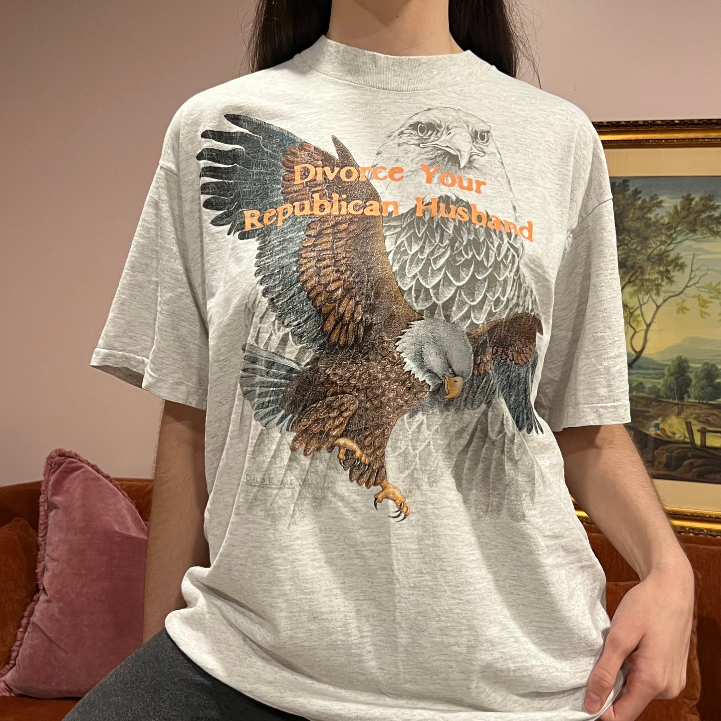 DIVORCE YOUR REPUBLICAN HUSBAND eagle t-shirt with orange text (XL)